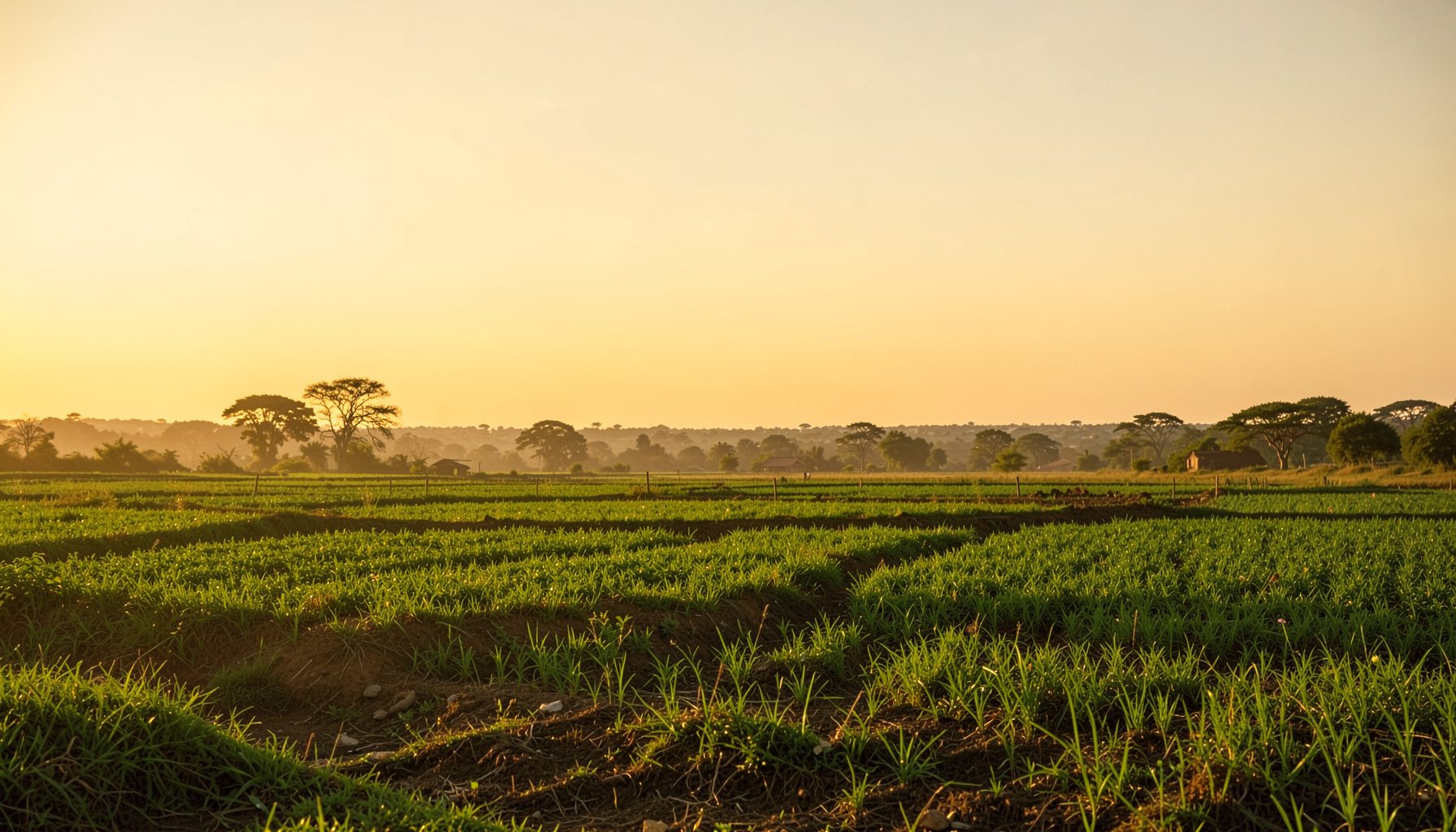 Warm golden-hour photograph of a rural African landscape with cultivated fields stretching toward a horizon under a soft sky