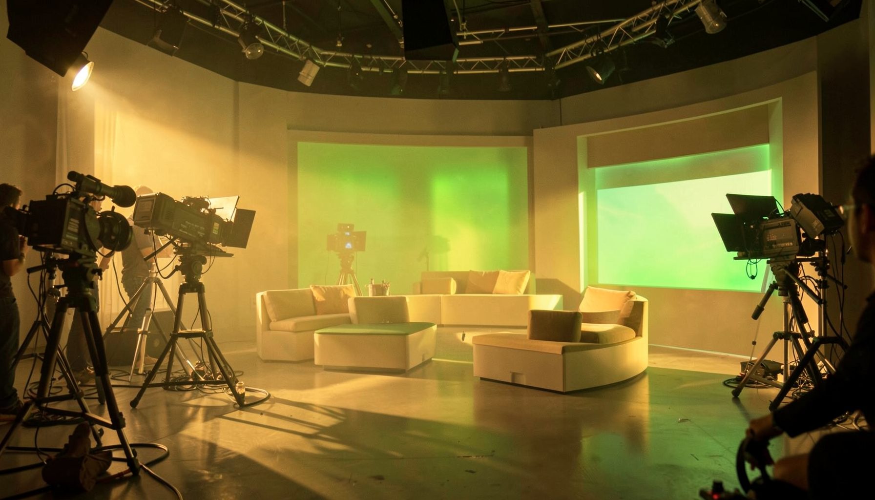Warm golden-hour photograph of a modern television studio interior with soft lighting, cameras, and an inviting set