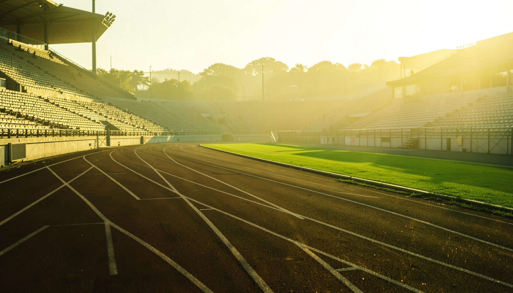 Warm golden-hour photograph of a stadium track with lane markings stretching into the distance, empty stands in soft shadow