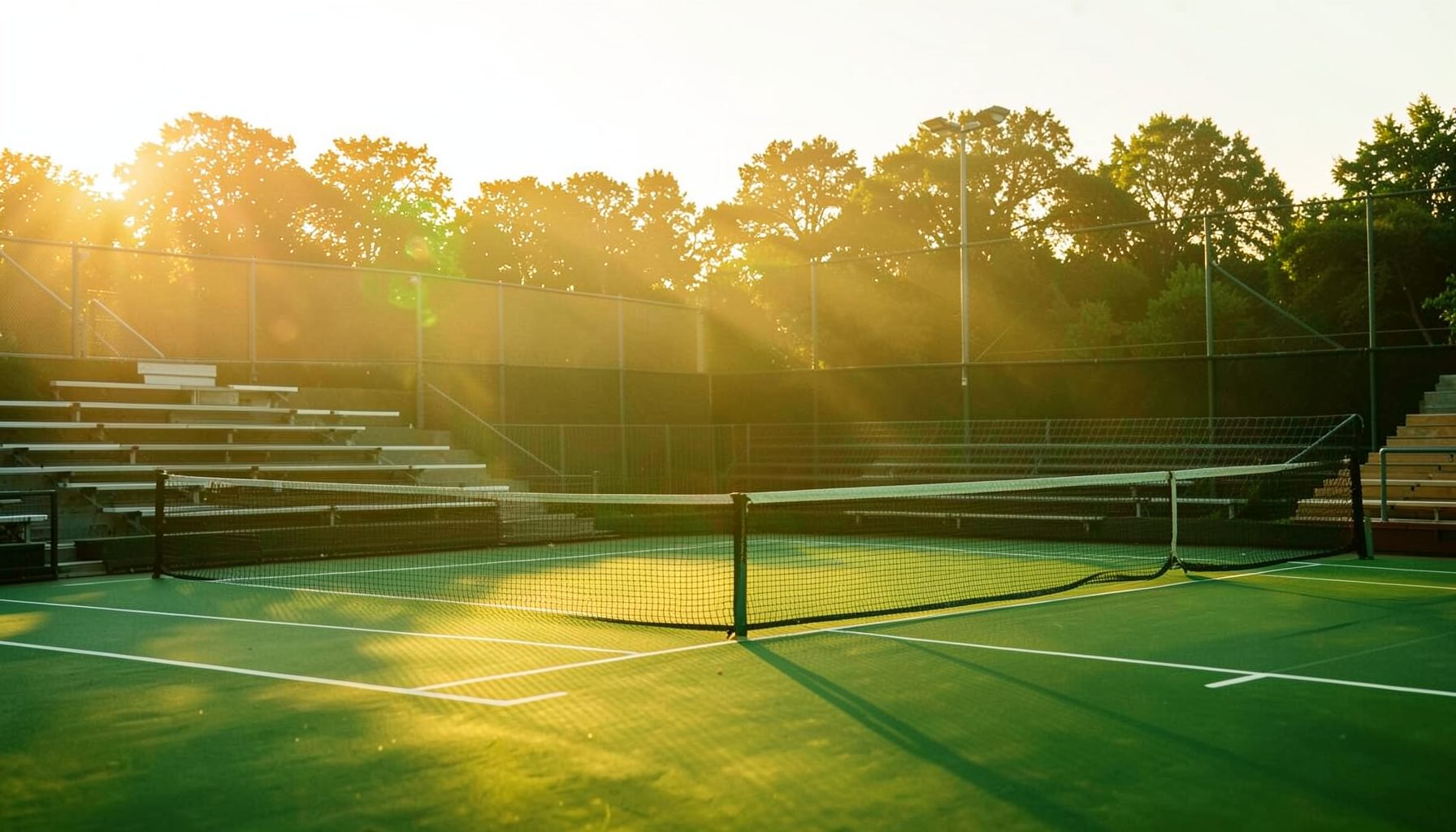 Warm golden-hour photograph of a tennis court with a net stretching across, surrounded by empty spectator benches