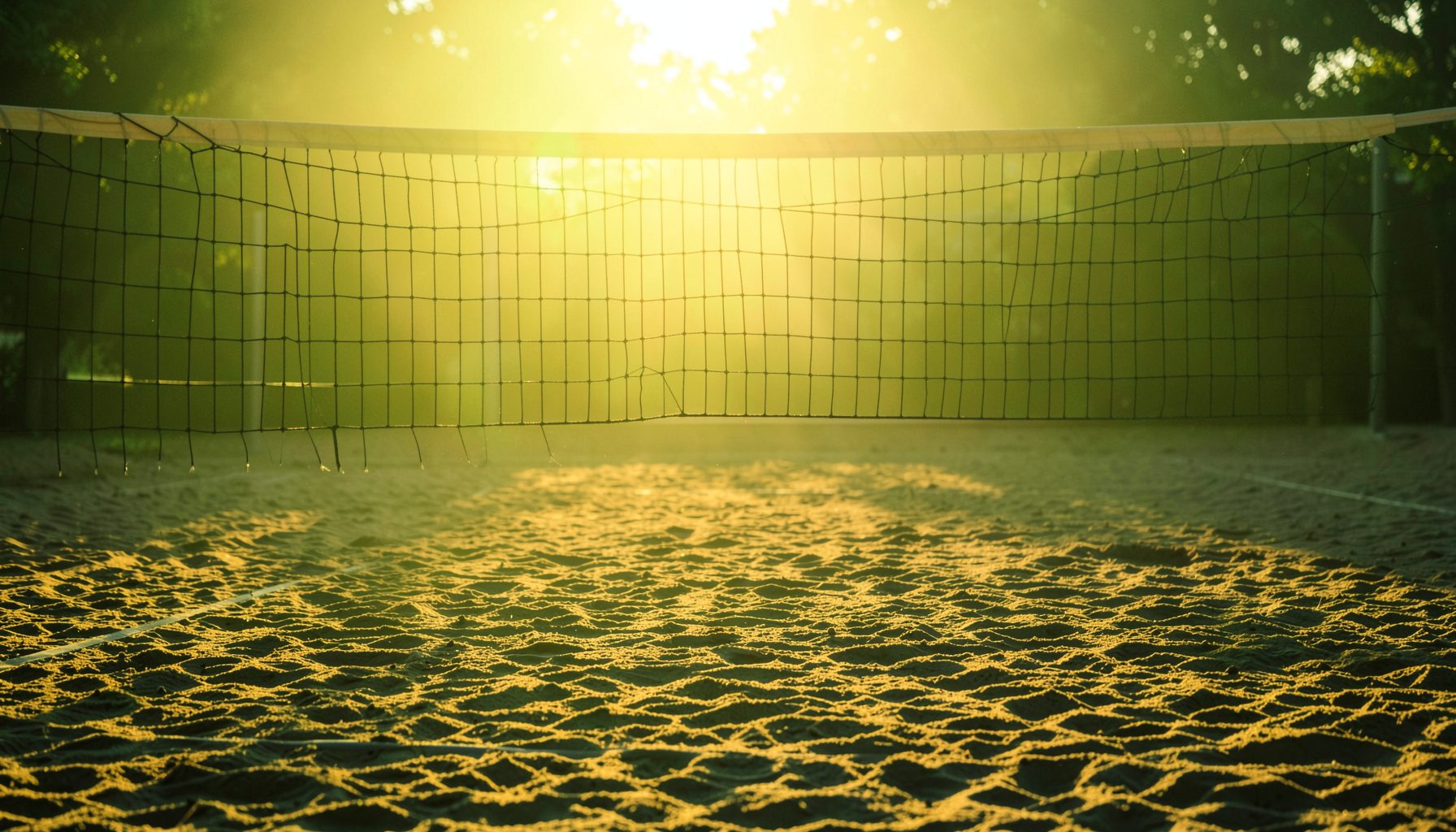 Warm golden-hour photograph of a volleyball net on a sandy court, with soft light casting long shadows