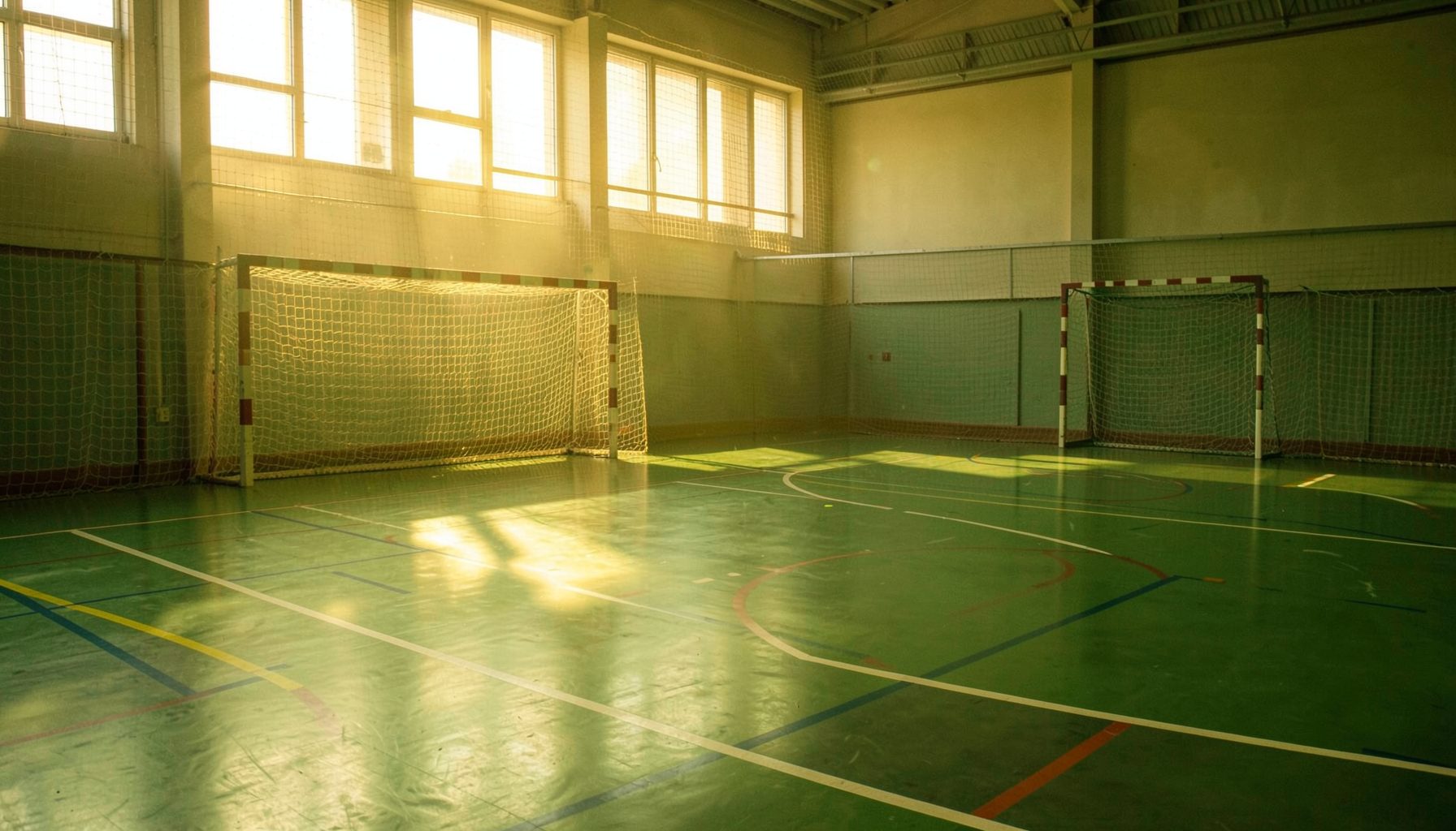 Warm golden-hour photograph of an indoor handball court with goal nets and court markings, quiet before a match