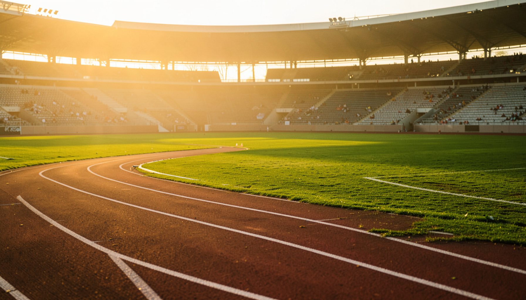 Warm golden-hour photograph of a running track with white lane lines curving around a green infield, stadium seats beyond
