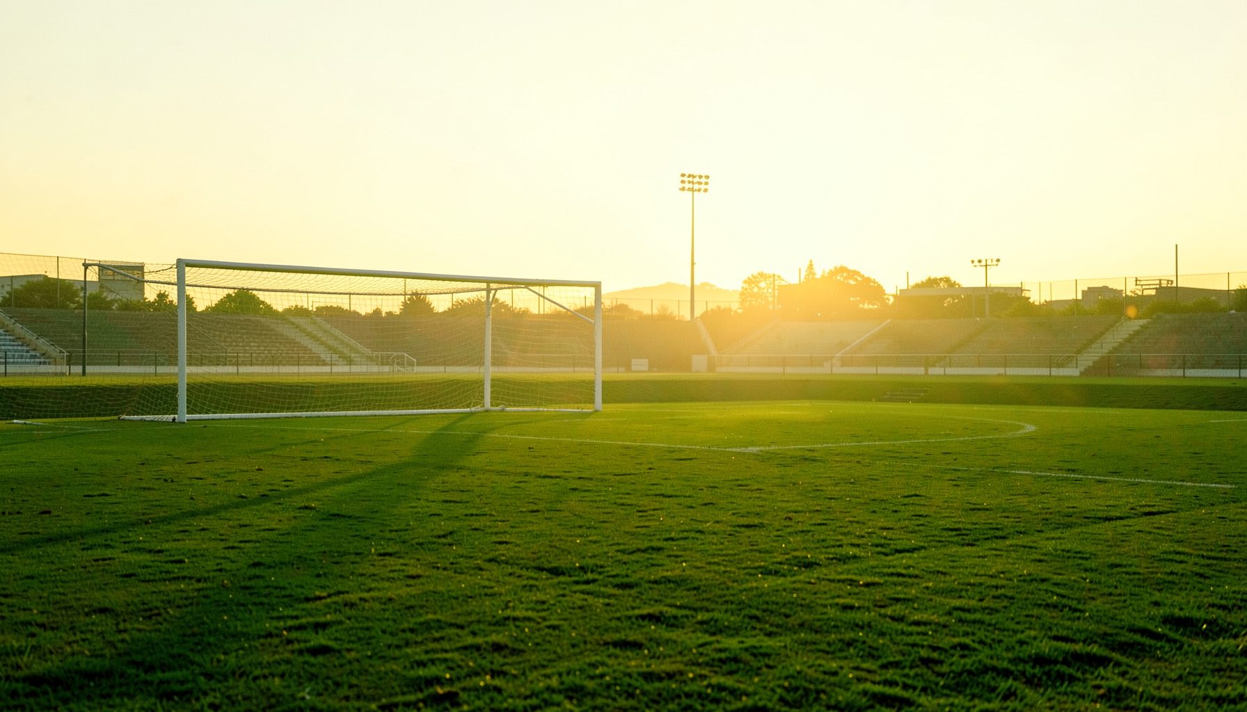 Warm golden-hour photograph of a football pitch with green grass and white goalposts, empty stands in the distance
