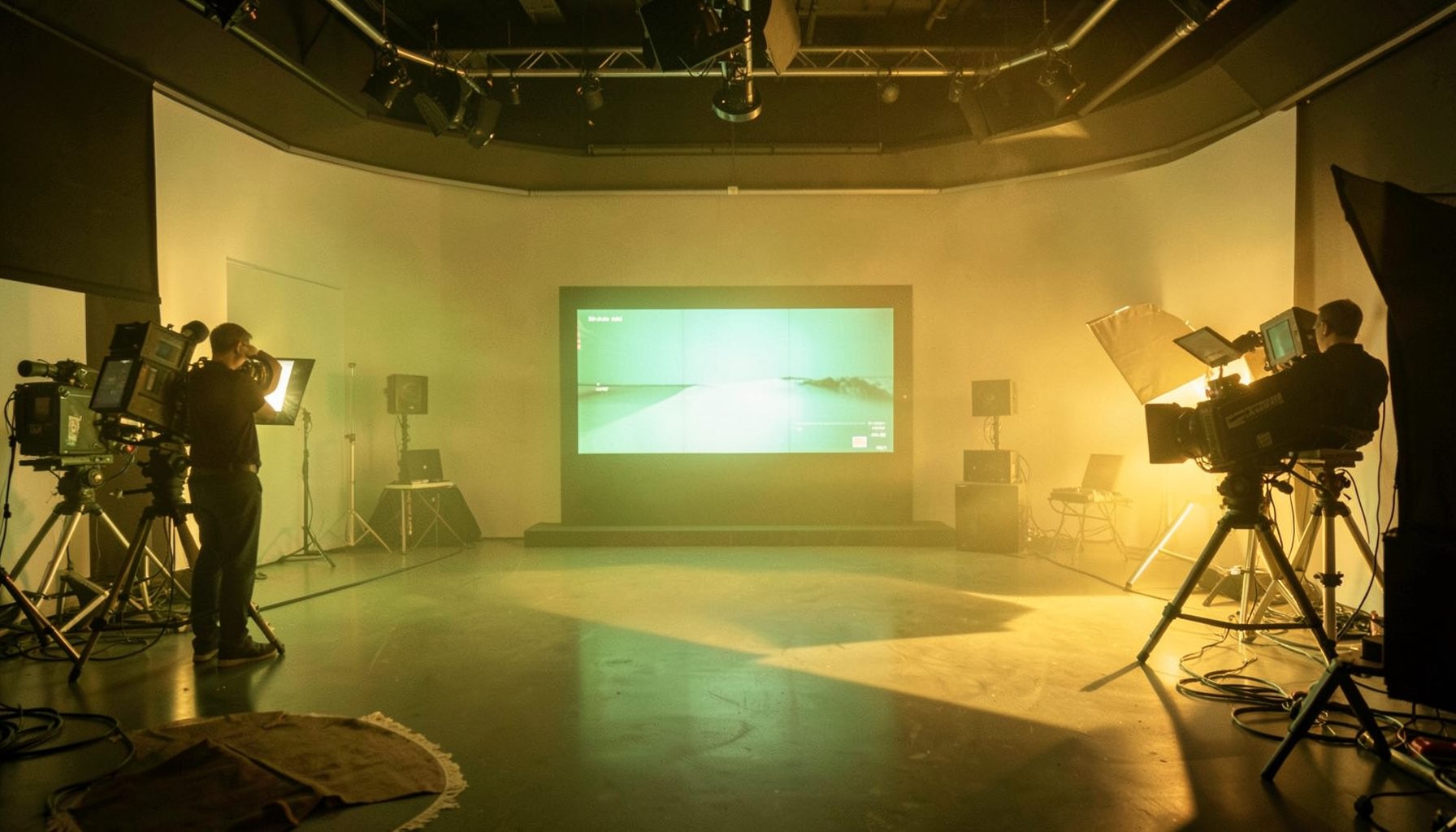 Warm golden-hour photograph of a modern television studio interior with soft lighting and cameras