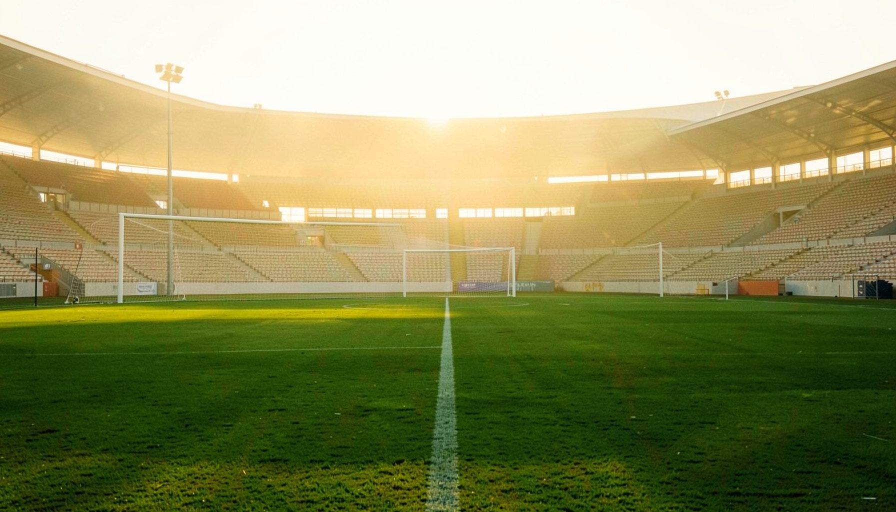 Warm golden-hour photograph of a football stadium with green pitch and white goalposts, empty stands stretching into the distance
